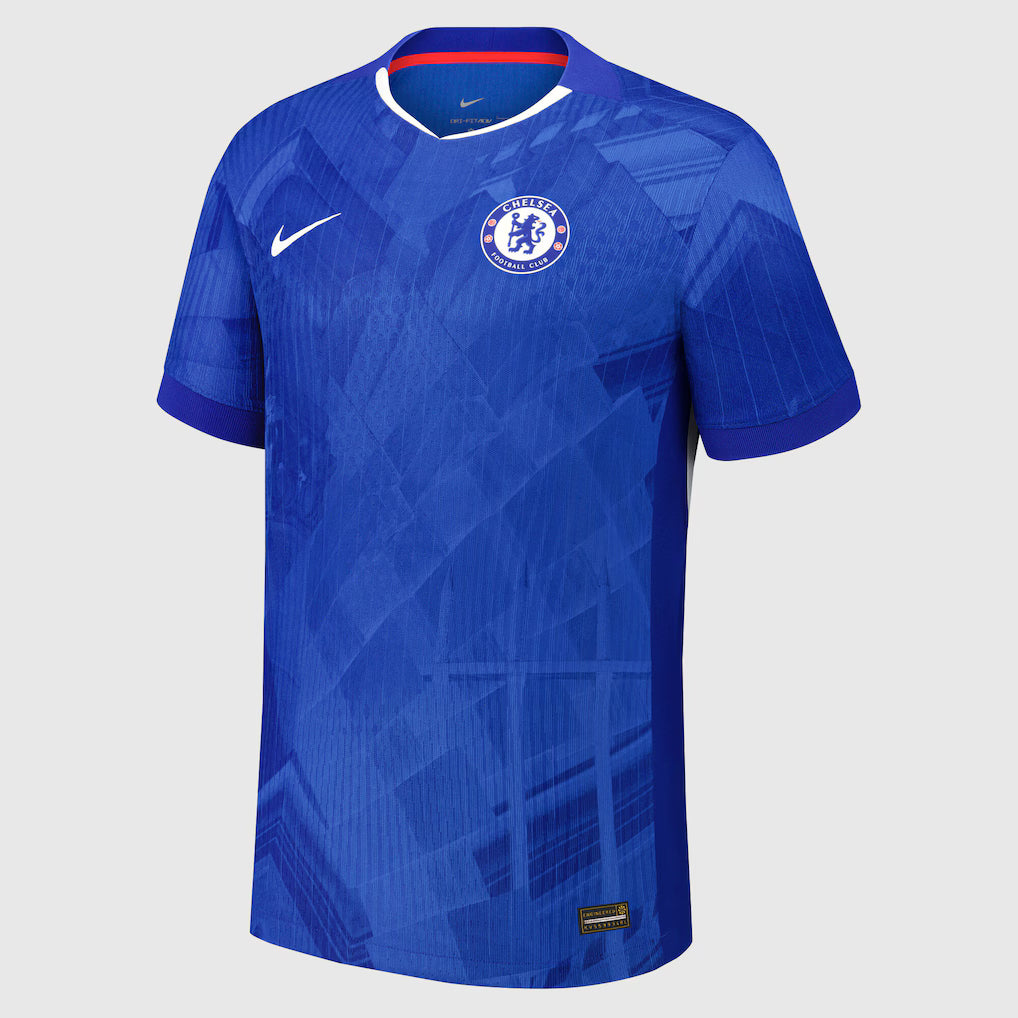 Blue sports jersey with a logo on a light gray background