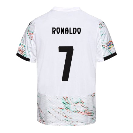 White sports jersey with 'RONALDO' and number '7' on a white background