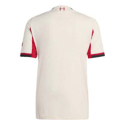 White t-shirt with red and blue accents on a light gray background